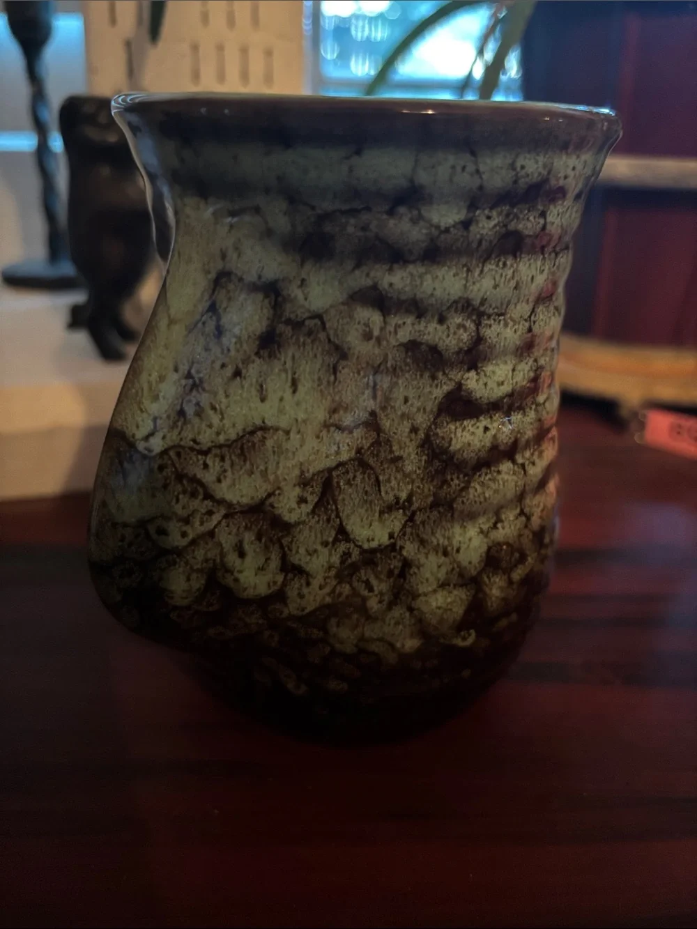 Handcrafted 20 oz Glazed Ceramic Mug in Green and Brown